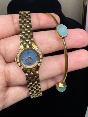 Pulsar diamond watch and blue gold tone bangle bundle